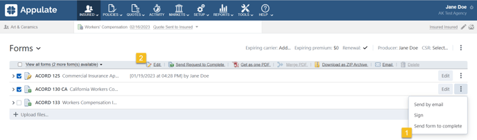 Actions on the Forms page