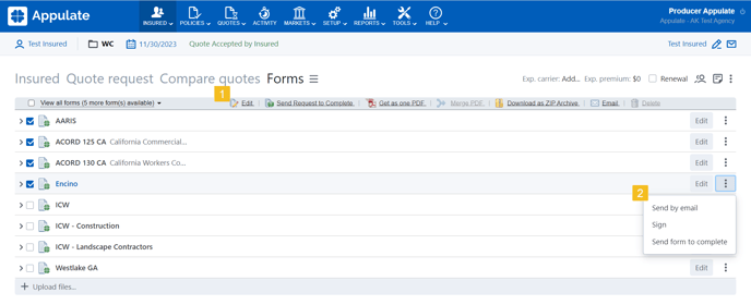 Actions on Forms page
