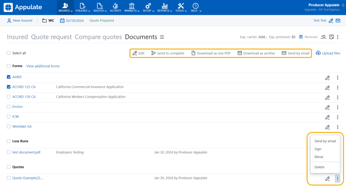 Actions on the Documents page