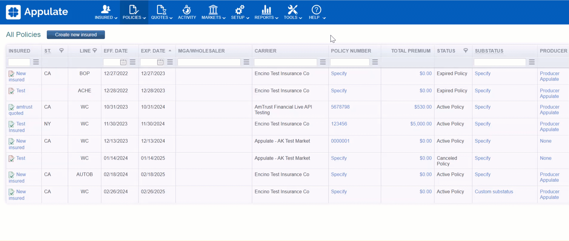 Policy Menu. Example Policies menu pages
