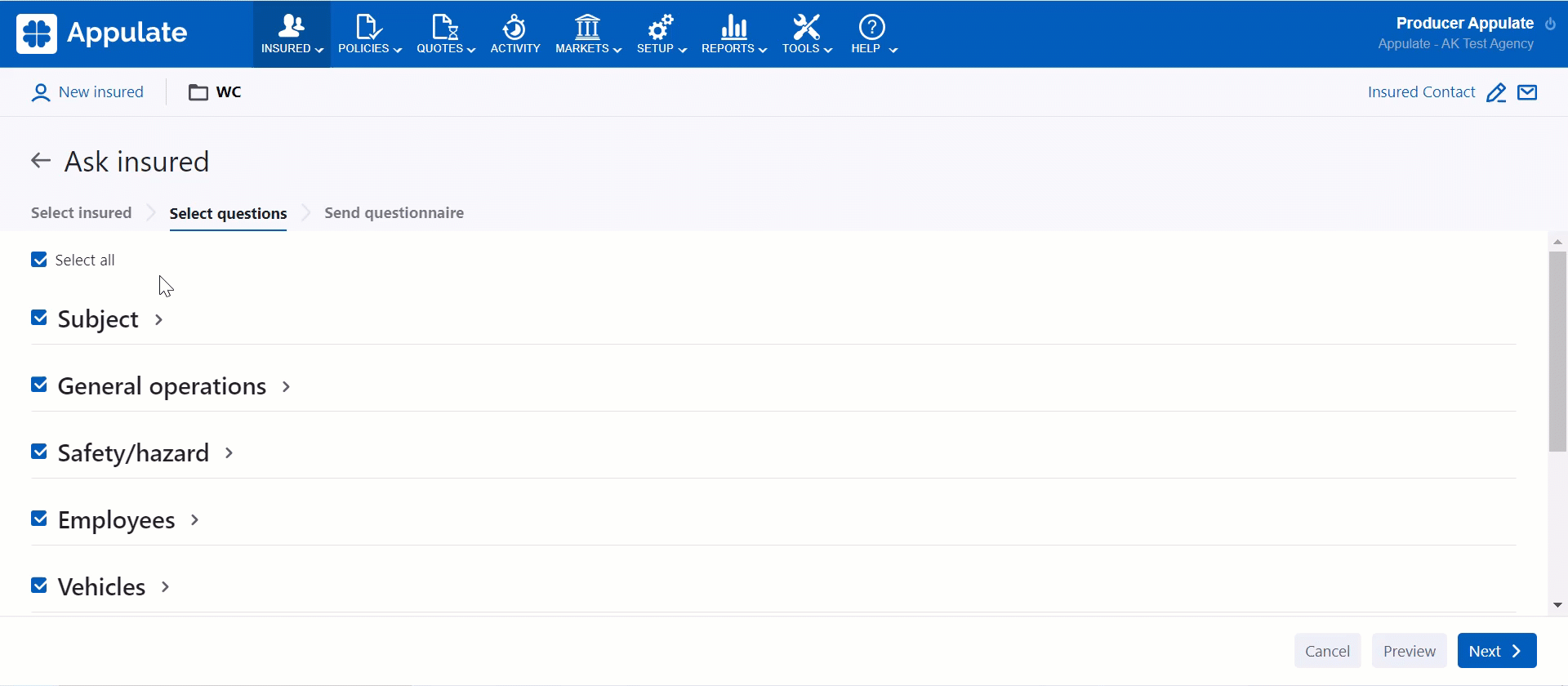 Selecting questions and sections in the Select questions step