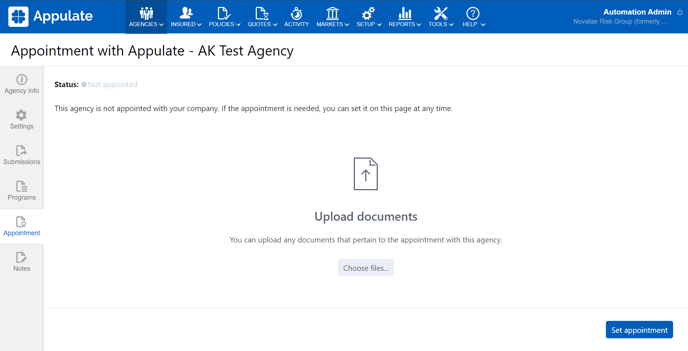 Agency's Appointment tab