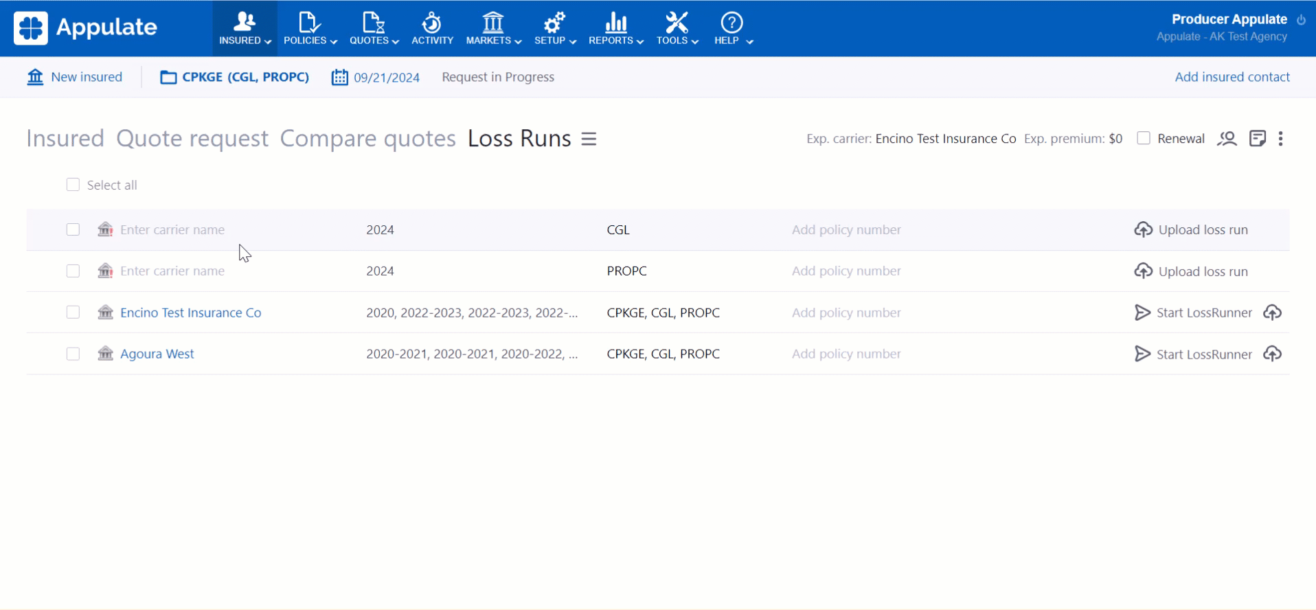 Adding carrier and policy number