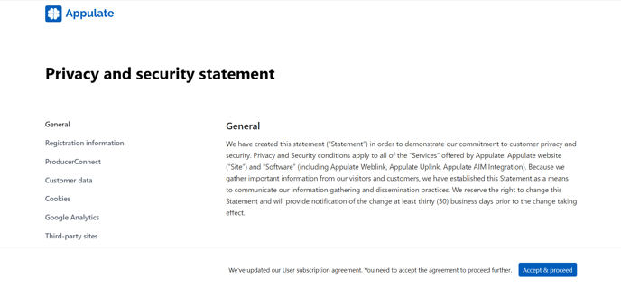 Privacy and security statement after login