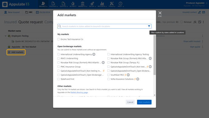 Add markets dialog