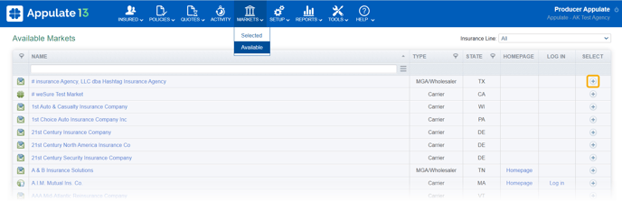 Available markets page