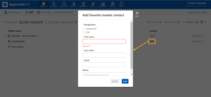 Adding a favorite market contact