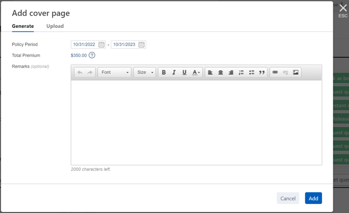 Add cover page dialog (Generate tab)
