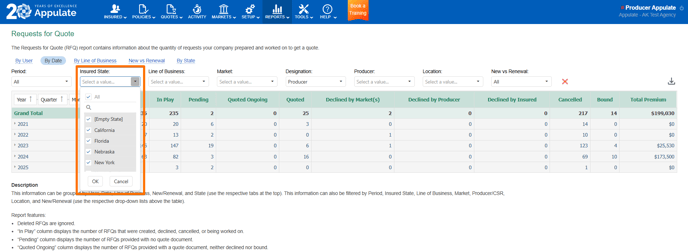 Auth site - Reports Requests for Quote - Agent side filters - screen 2025-05-20
