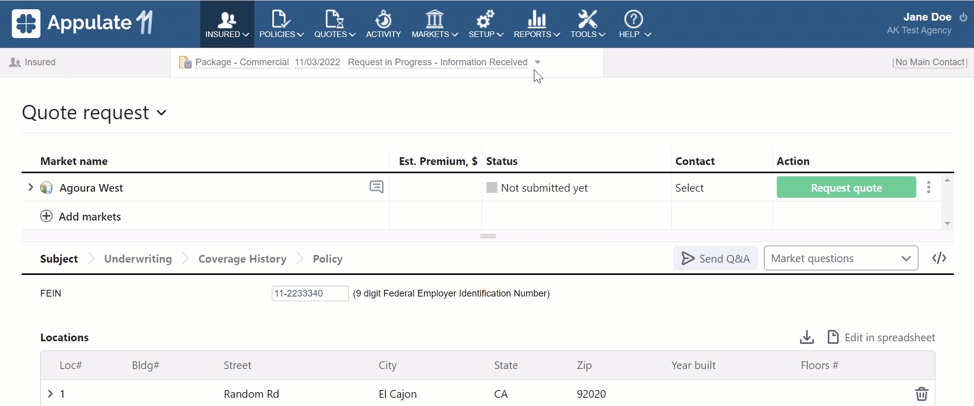 Create new request for quote or policy tab (existing insured)
