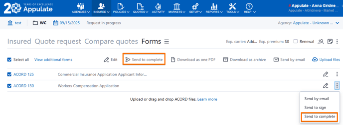 Forms send to complete