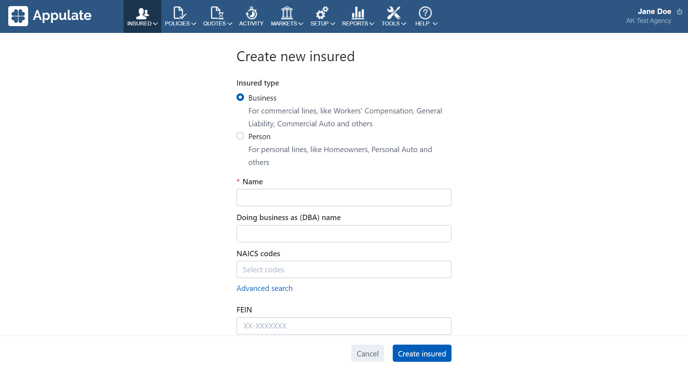 Create new insured page