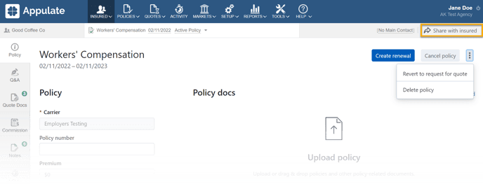 Policy tab interface share button
