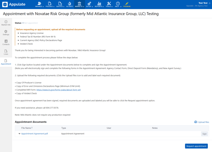 Requesting appointment with document requirements