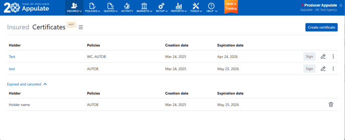 Certificates list