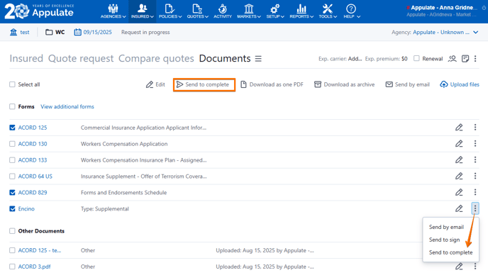 Send to complete Documents
