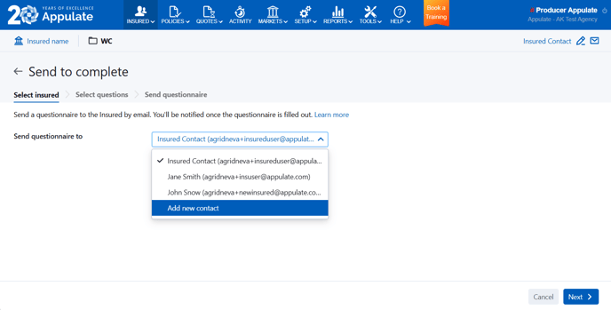 Send to complete Select insured step agency side2