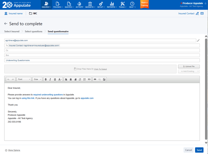 Send to complete Send questionnaire step agency side