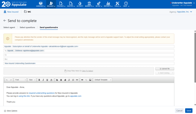 Send to complete Send questionnaire step market side
