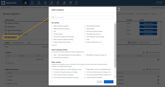 add markets dialog