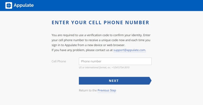 Enter your cell phone number page